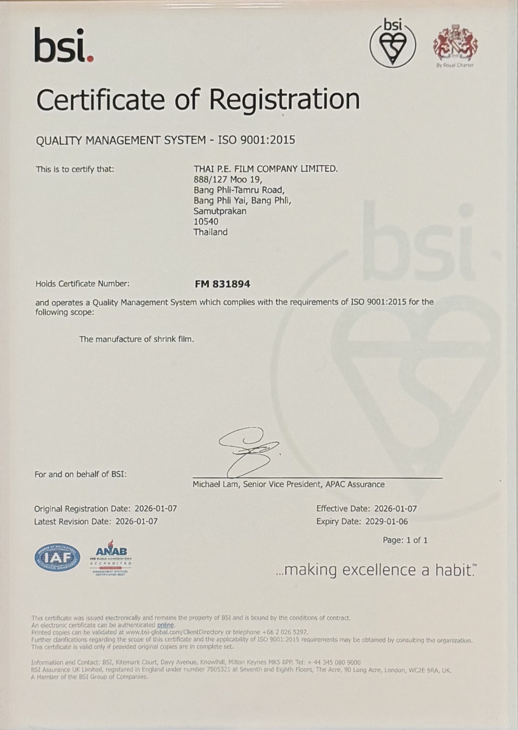 ISO 9001:2015 Certificate of Registration - BSI FM 831894